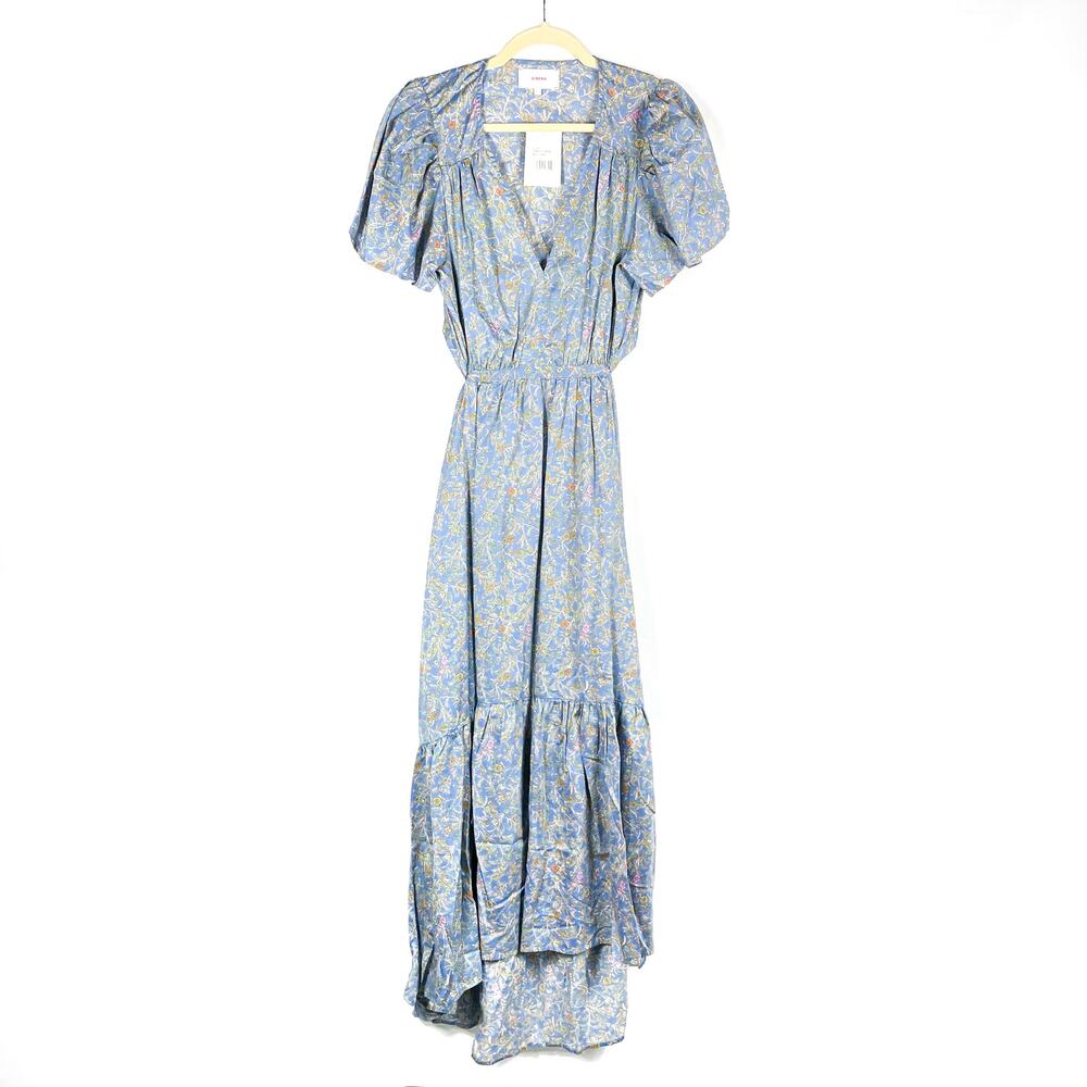 Xirena Gabrielle Dress Blue Floral Midi Tiered Back Cutout V-Neck Sz L - Picture 4 of 10